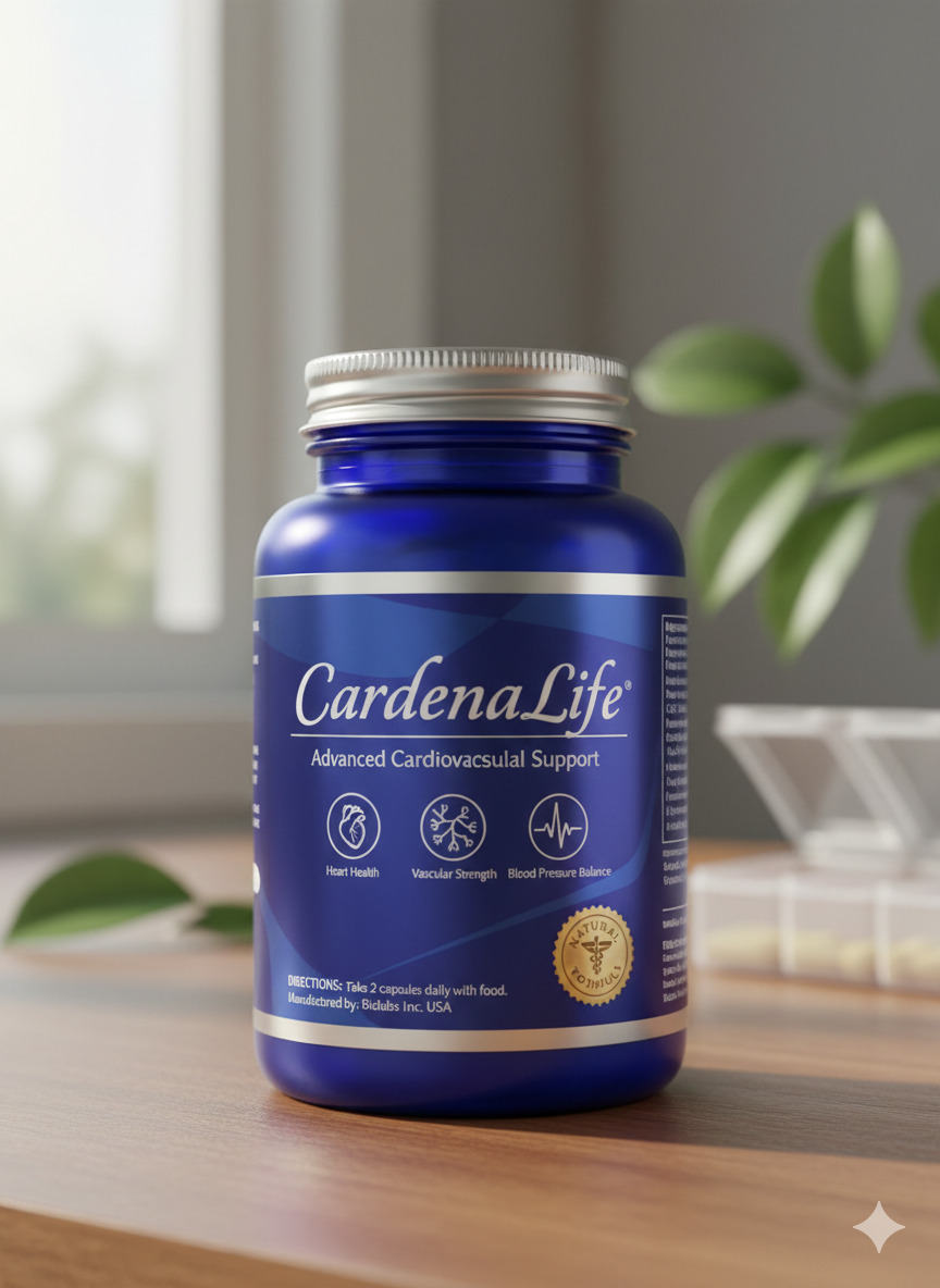 CardenaLife supplement bottle and packaging on a neutral surface
